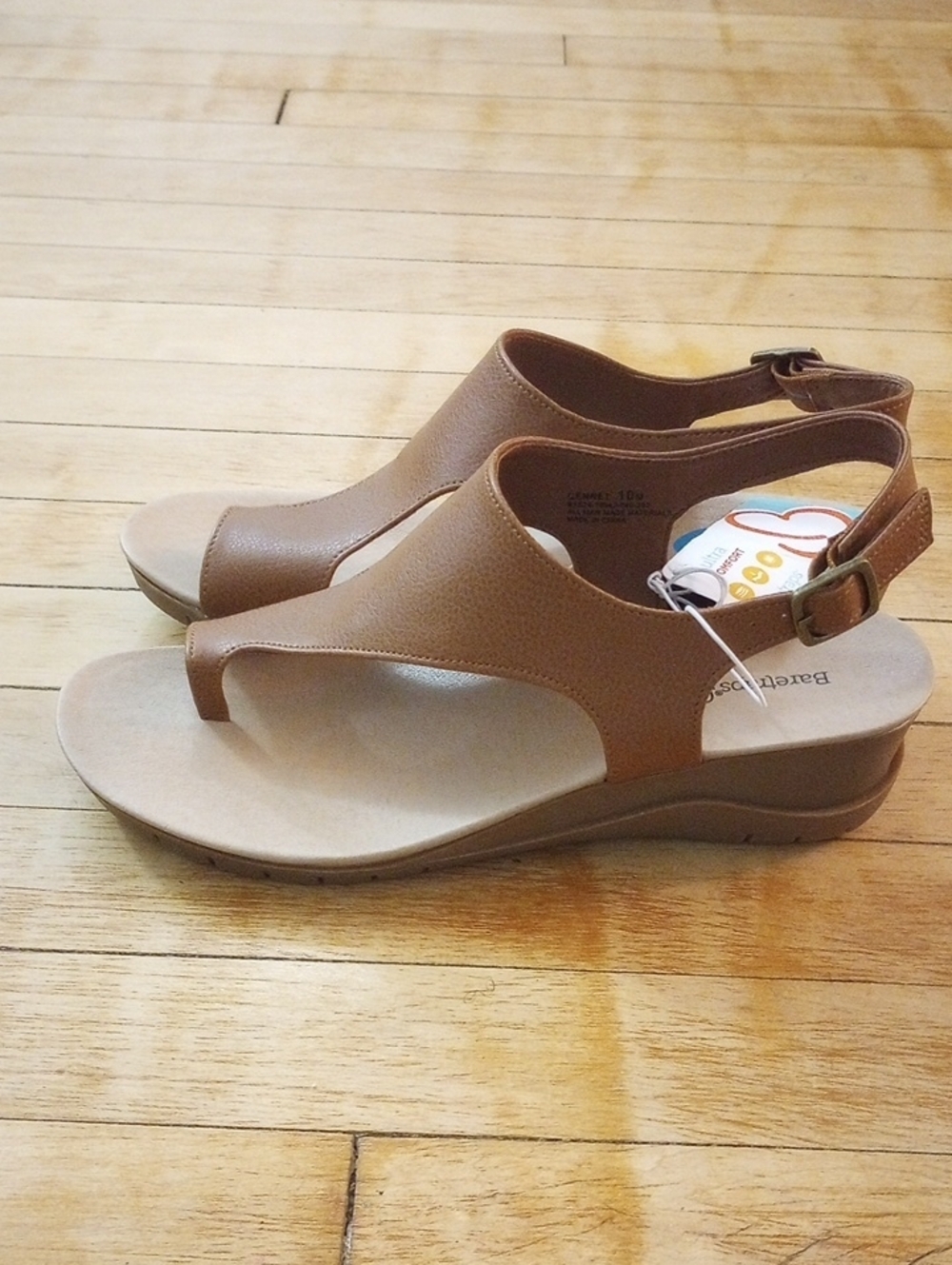Barestraps Brown Faux Leather Wedge Slingback Toe Thong Sandals Size 10
